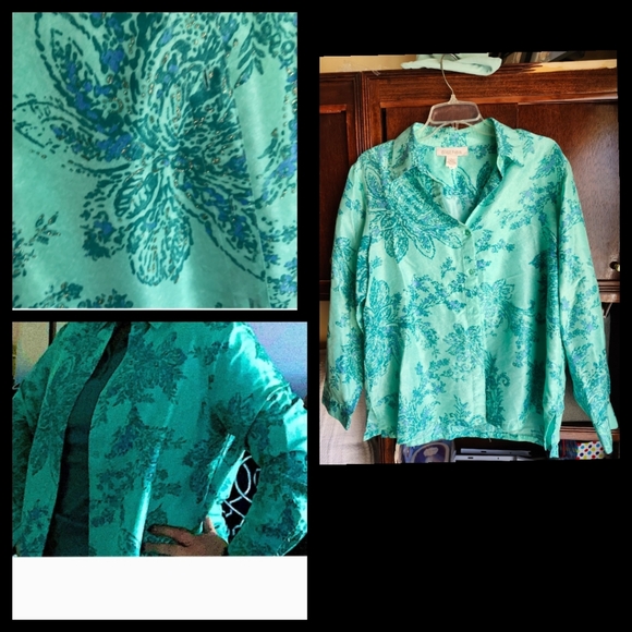 Vintage C.L.O.T.H.E.S brand 100% silk Teal button down  top Size  Large• - Picture 2 of 12